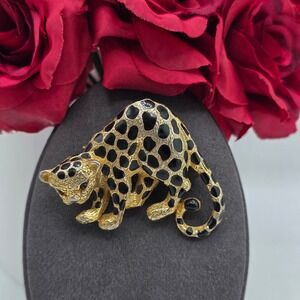 Park‎ Lane Vintage Leopard Brooch Black Enamel Gold Tone Prowling Cheetah Pin
